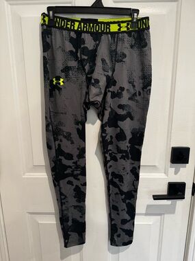Under Armour Gray & Black Camo Leggings with Neon Yellow Waistband